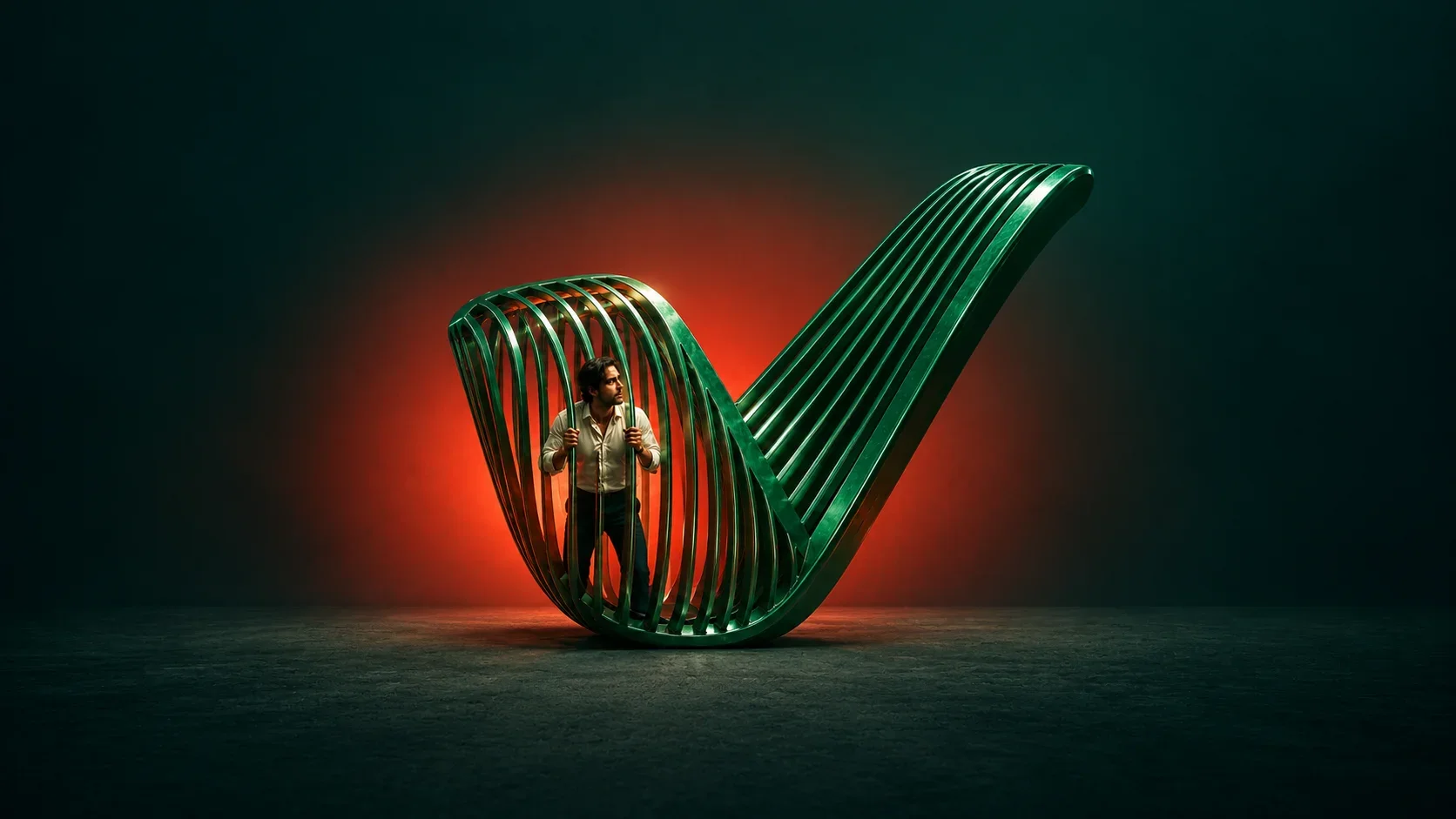 An anonymous figure stands inside an emerald checkmark shaped like a cage, against a dark background and red light.