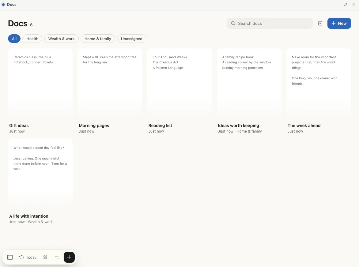 Real Life OS Docs showing saved documents with fictional example content.