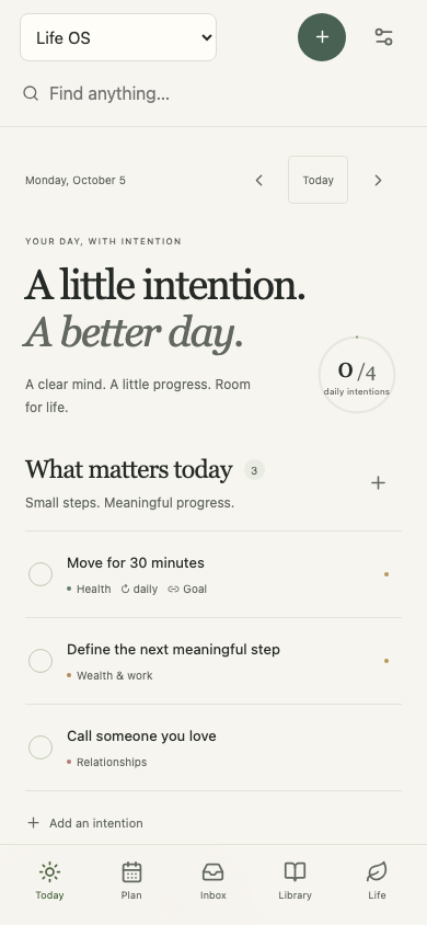 The real responsive Life OS Today screen on a phone-sized browser.