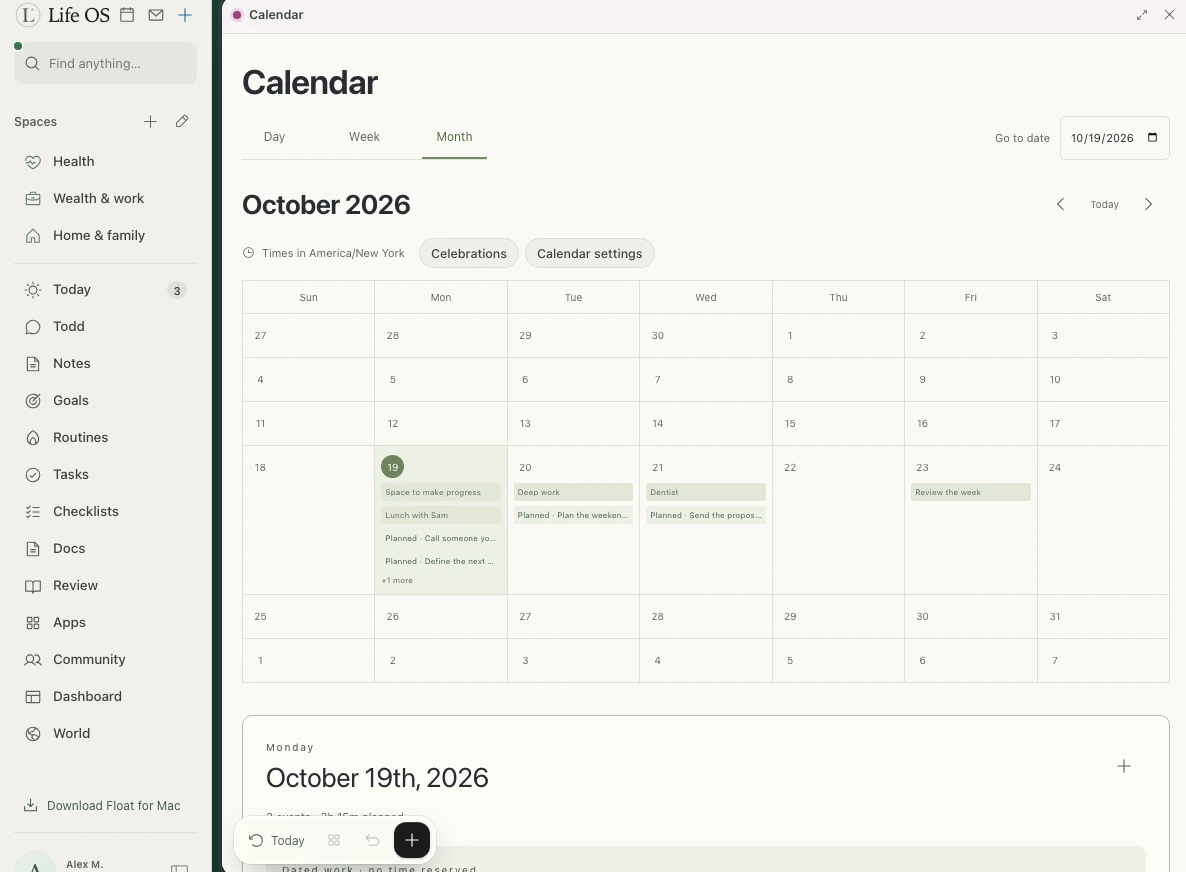 Real Life OS Calendar showing a month of plans with fictional example events.
