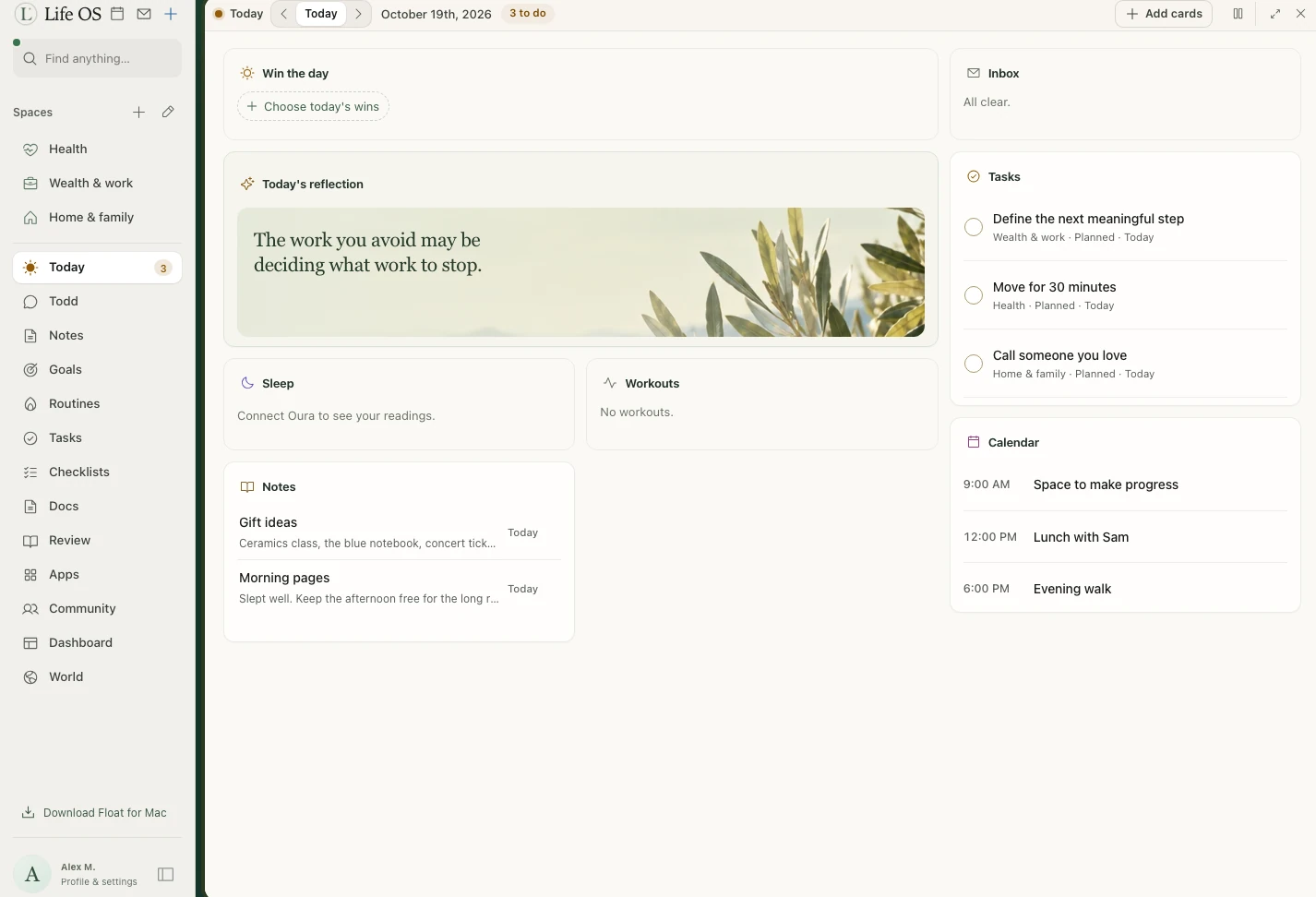 The Life OS Today view in a browser: tasks, calendar, notes and today’s reflection, with fictional example content.