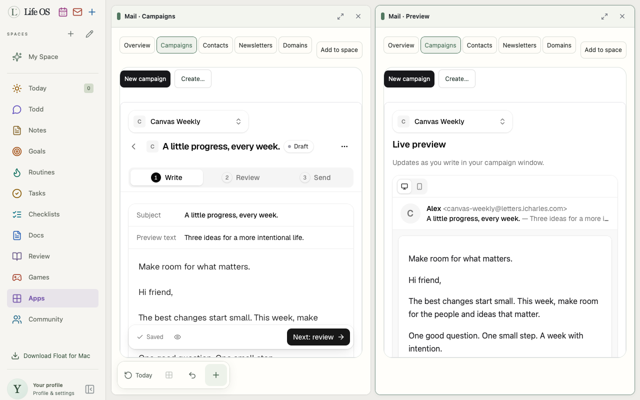 iCharles Mail in Canvas: a newsletter editor beside its live email preview
